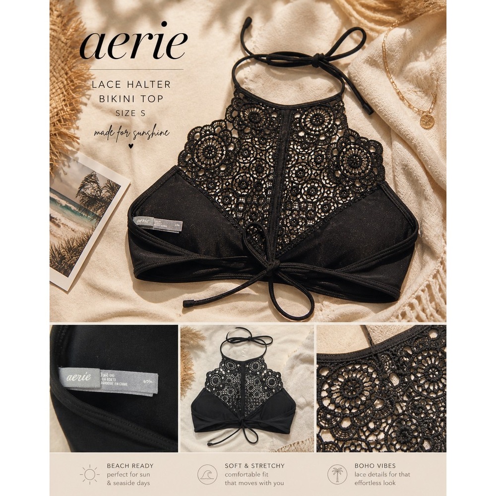 Aerie Black Lace Halter Bikini Top Size S Lace Swim Boho Festival Beach Vacation
